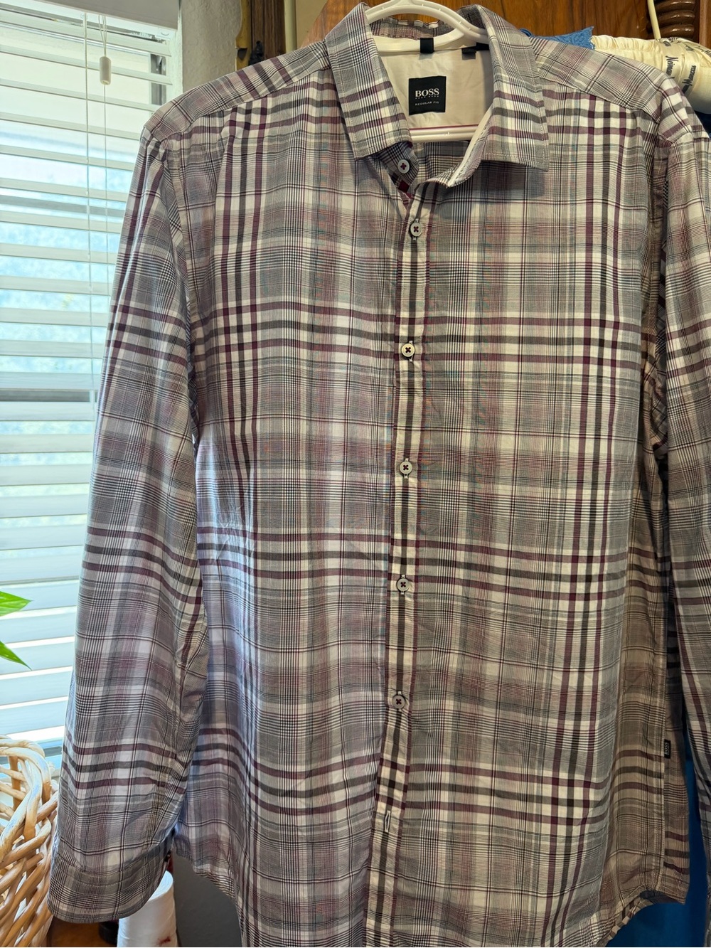 Hugo Boss Long-Sleeve Plaid Button-Down Shirt in Gray and Burgundy L